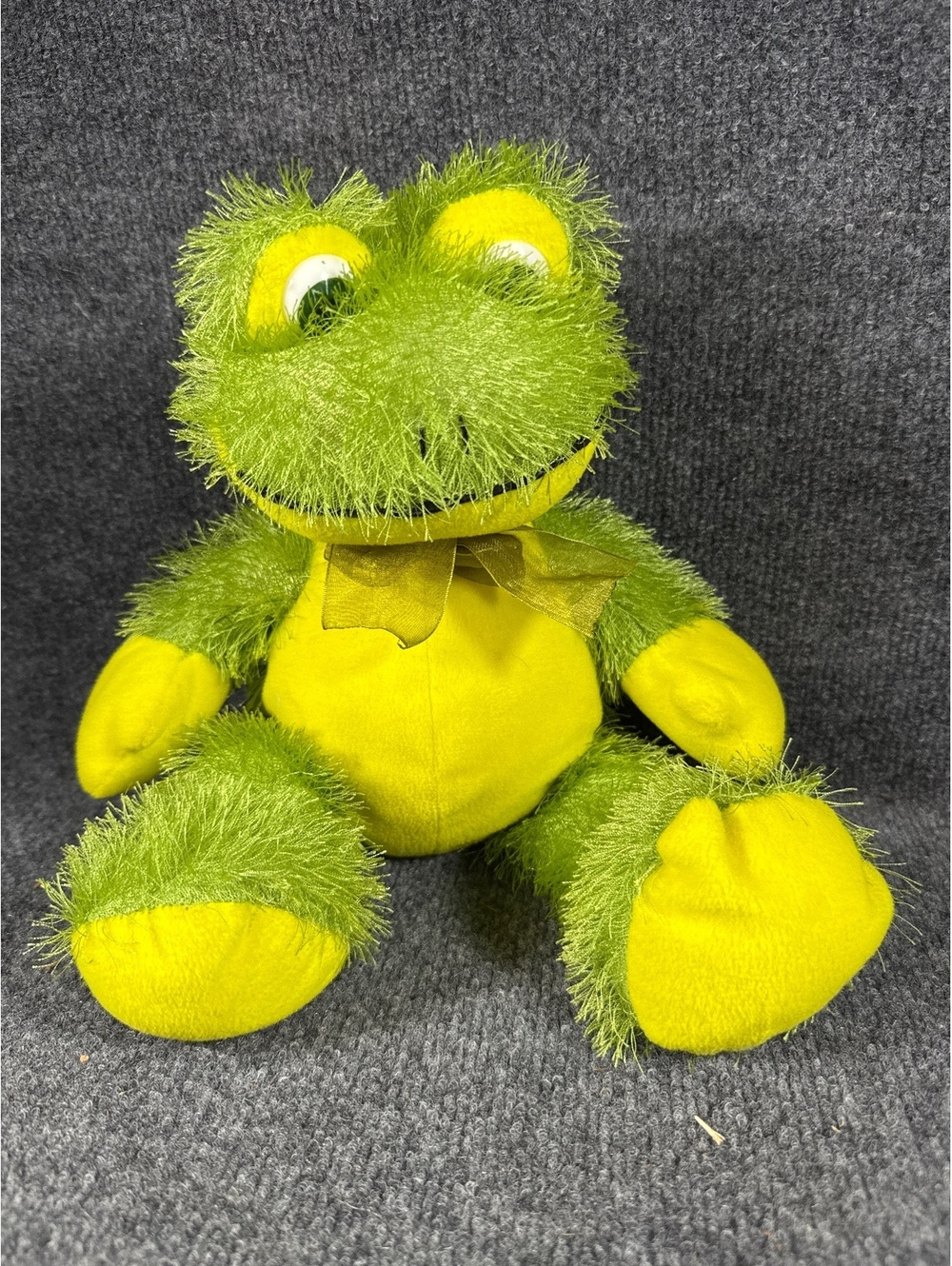 Happy Pet Green Frog Plush Stuffed Animal Shaggy Fur Yellow Belly Bow Tie